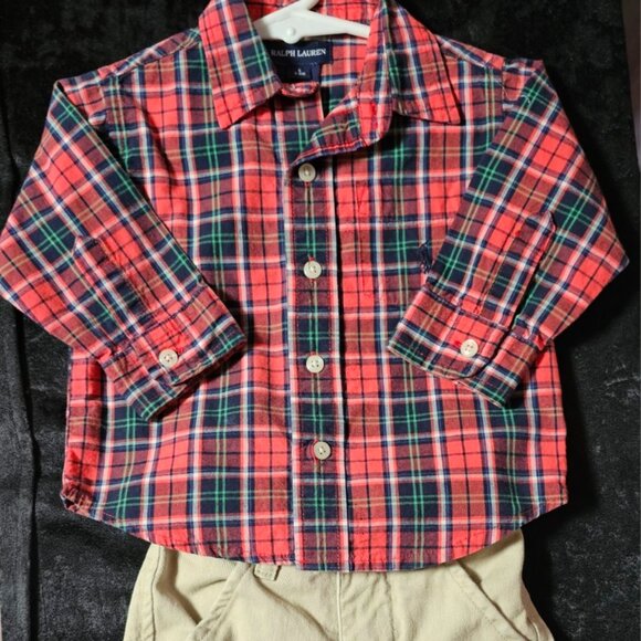 Ralph Lauren 2-Piece Plaid Button-Down & Khaki Pants Set – 3–6 Months - Picture 1 of 4